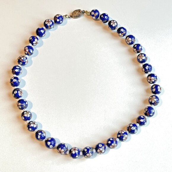 Vintage Cobalt Floral Millefiori Venetian Glass Bead Necklace Murano Vibes 17" - Picture 1 of 6